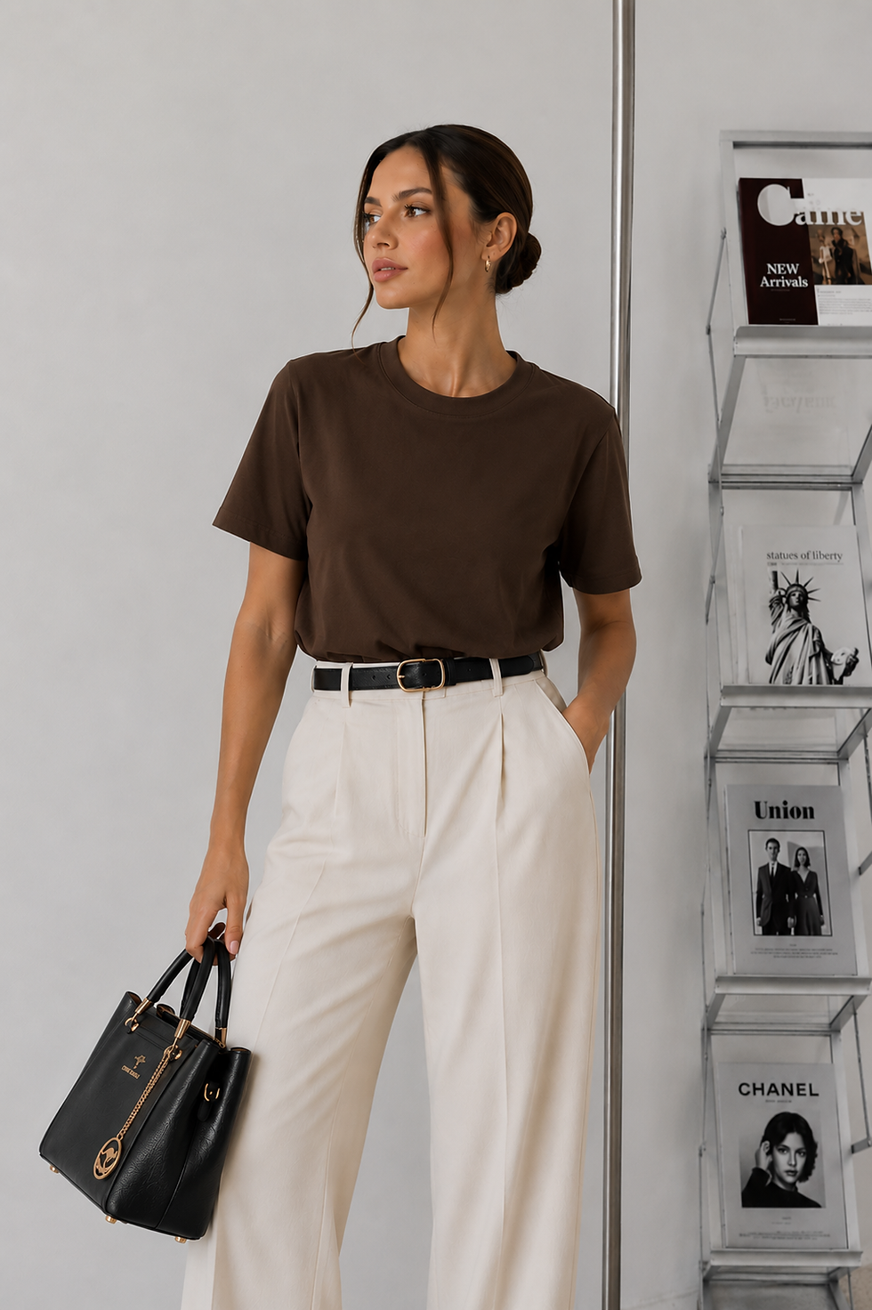 Thumbnail: Woman in a brown t-shirt, cream pants, and black bag