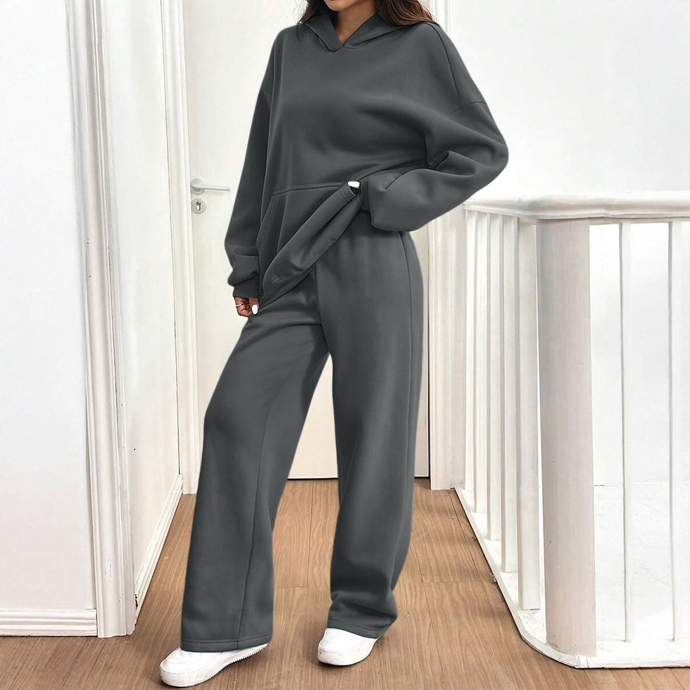 Thumbnail: Dark grey ribbed knit hoodie and wide-leg pants