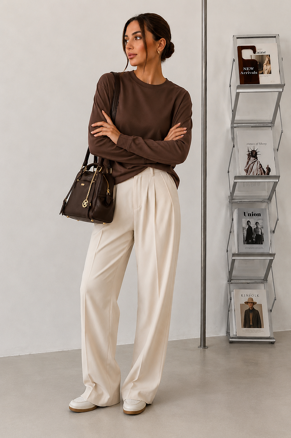 Thumbnail: Woman in brown top, cream wide-leg pants, handbag