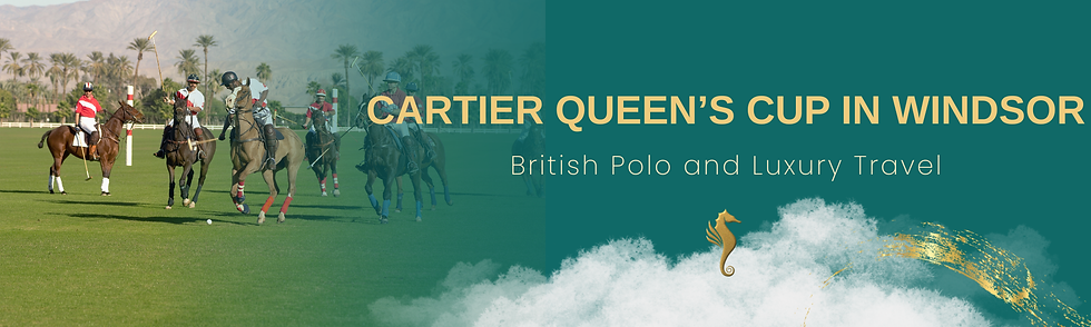 Polo players in action on a lush field with palm trees and mountains. Text: "Cartier Queen’s Cup in Windsor, British Polo and Luxury Travel."