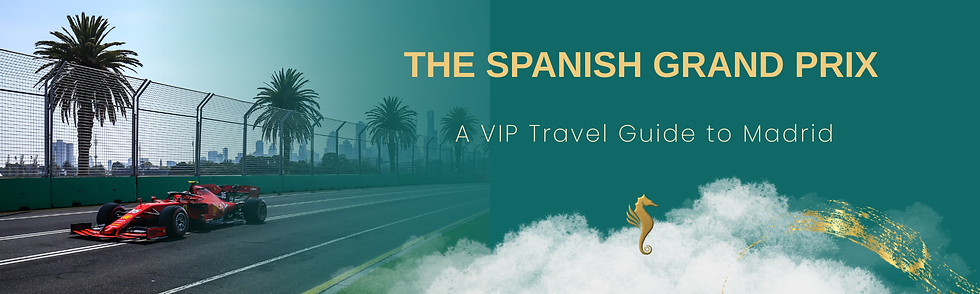 Red race car on track, palm trees and city skyline behind. Text: "THE SPANISH GRAND PRIX, A VIP Travel Guide to Madrid." Vibrant colors.