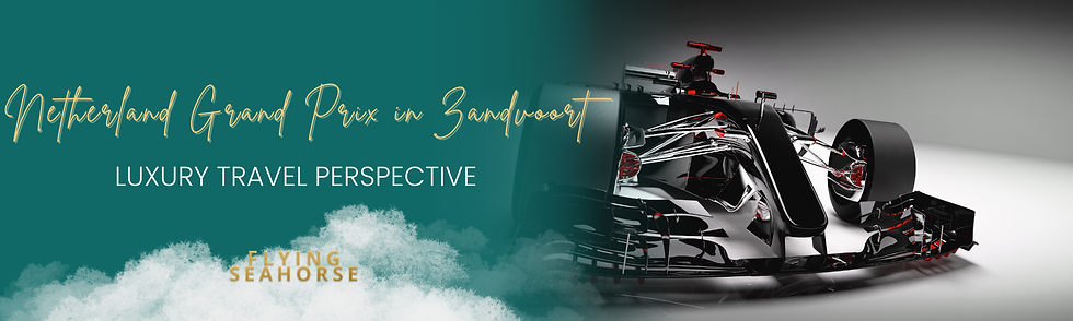 Race car on the right with swirling smoke below. Text reads "Netherland Grand Prix in Zandvoort" and "Luxury Travel Perspective" on teal.