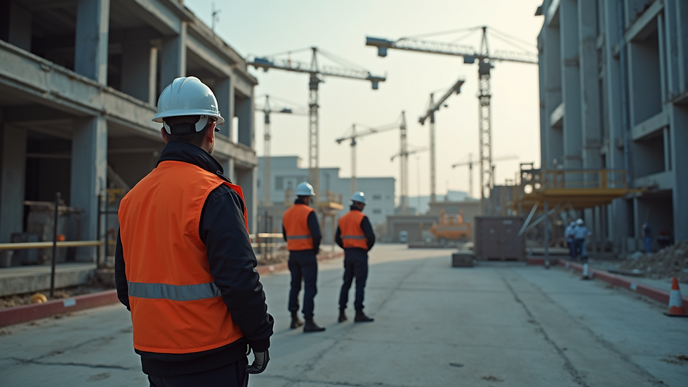 Eye-level view of a construction site with security personnel monitoring the area