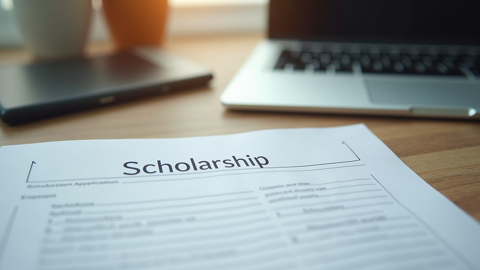 Close-up view of scholarship application documents and a laptop