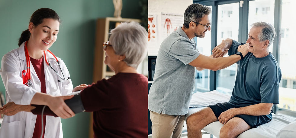 Une infirmière mesure la tension d'une patiente. Un kinésithérapeute aide un senior à étirer son bras.