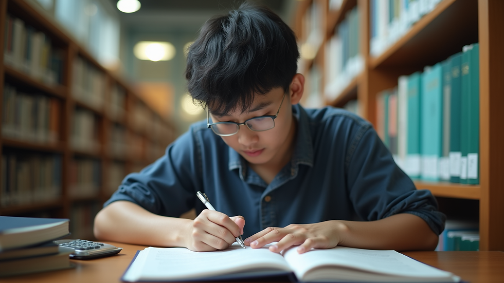 Close-up view of a student studying in a university library in Kuala Lumpur