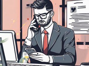 Man in a suit and red tie talks on the phone while checking a smartphone. Office setting with a computer and documents on the wall.