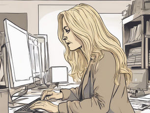 Woman with long hair typing at a computer in an office setting. Shelves with books and papers in the background. Focused expression.