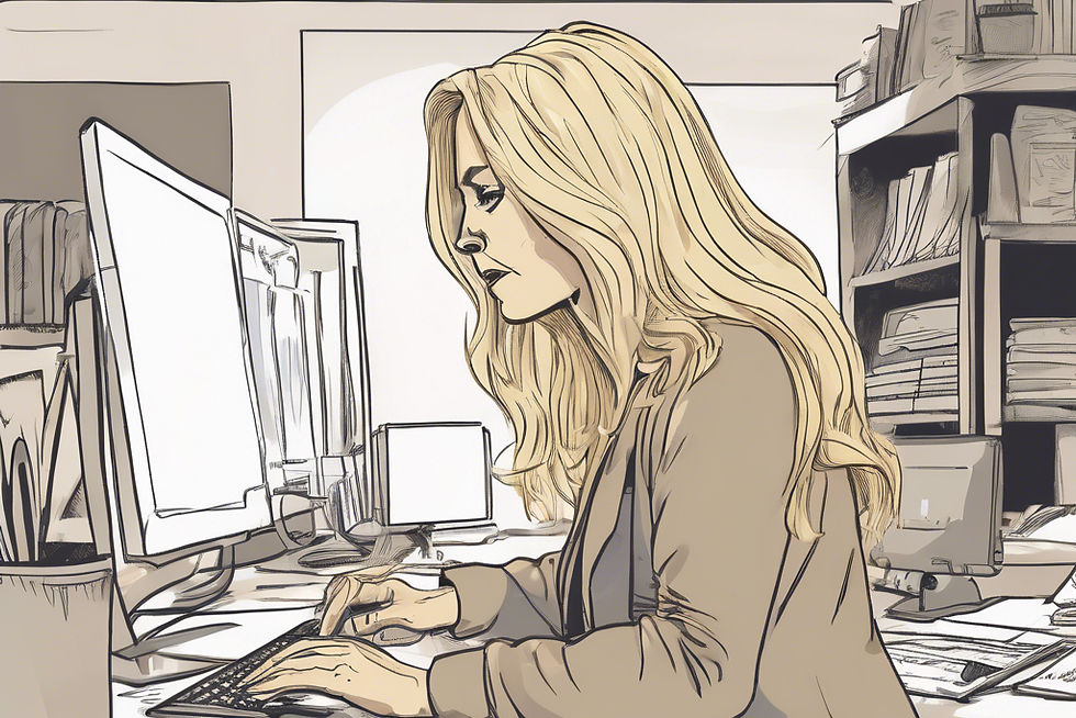 Woman with long hair typing at a computer in an office setting. Shelves with books and papers in the background. Focused expression.