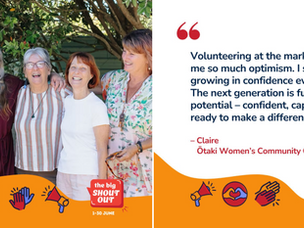 Five women smiling outdoors under trees. Quote praising volunteering. Text: "the big SHOUT OUT, 1-30 JUNE" on orange banner.