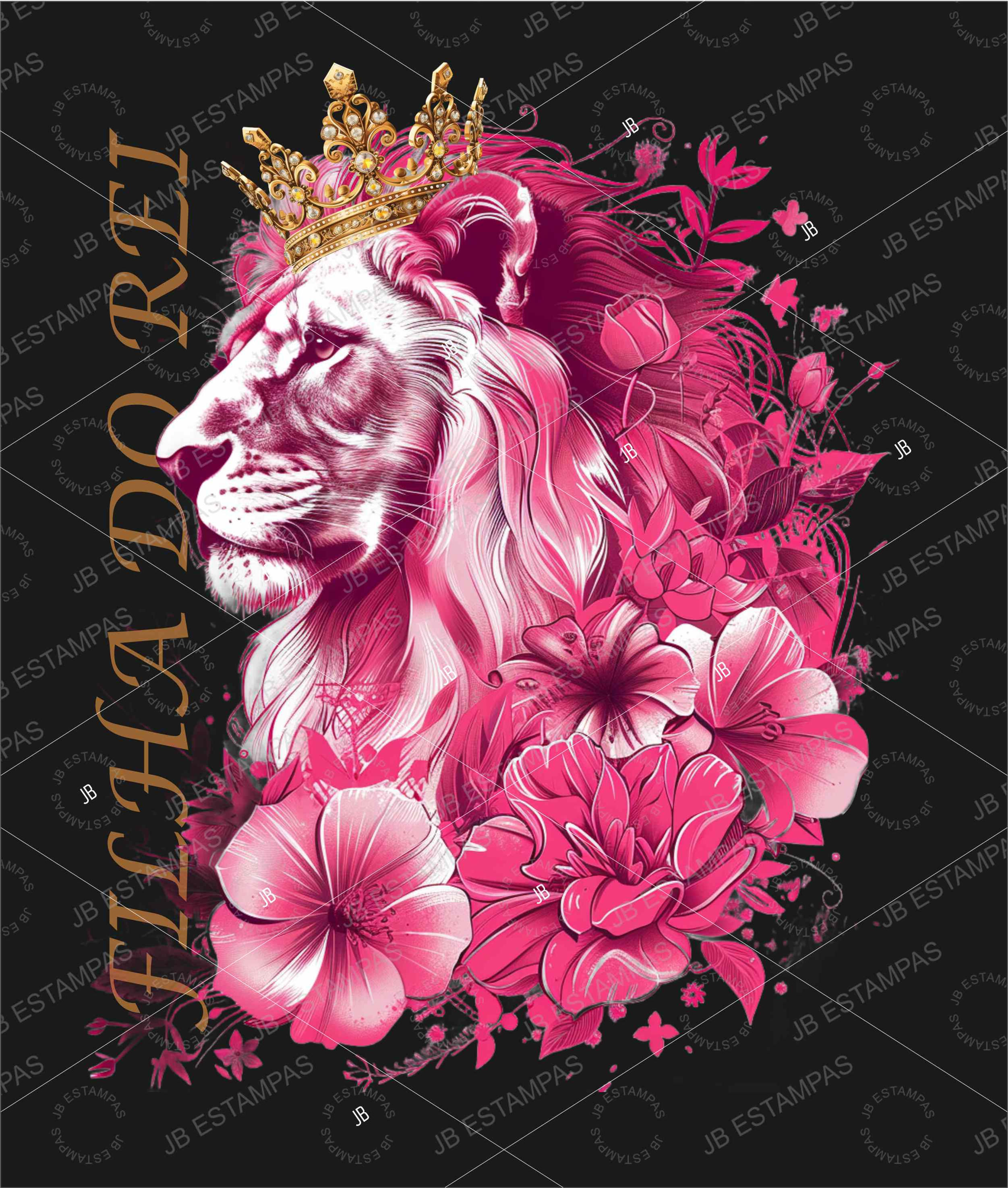 Leão Rosa com coroa e flores- CDR, PDF, PNG
