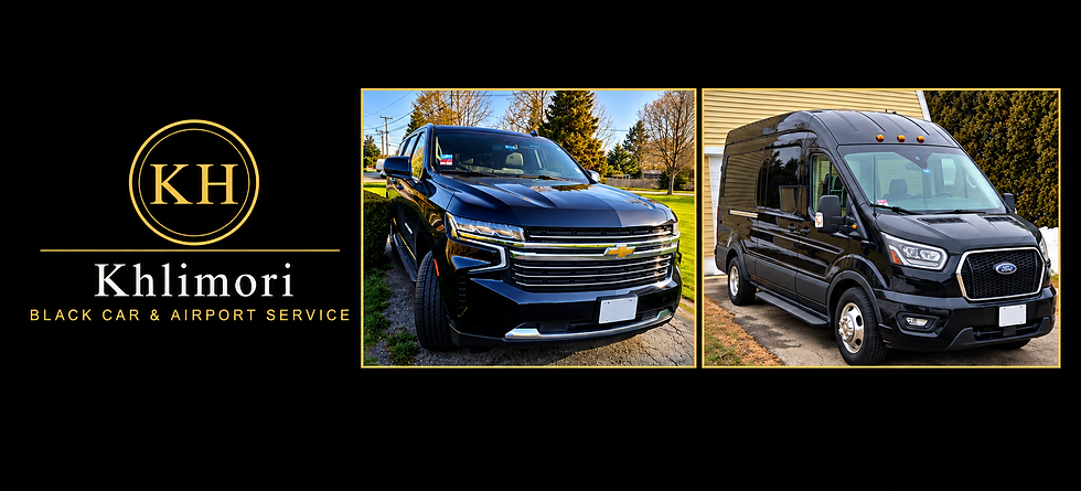 Khlimori black car and airport service logo with a black Chevrolet Suburban and passenger van
