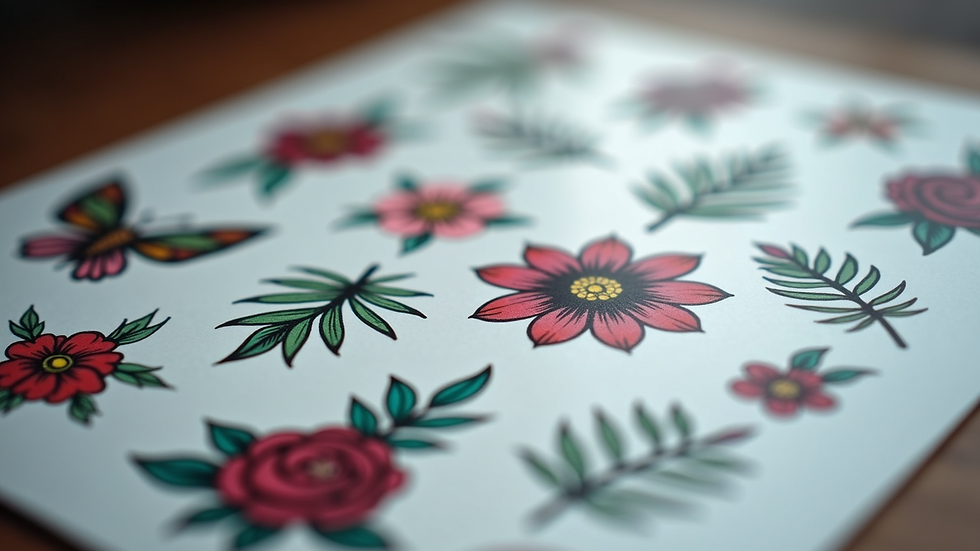 Close-up view of a temporary tattoo sheet with various designs