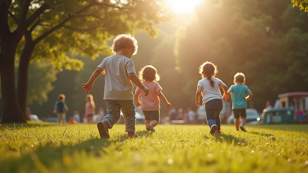 Eye-level view of a family-friendly park with children playing