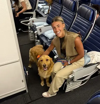 Perro golden retriever viajando con su dueña en los asientos del avión. 