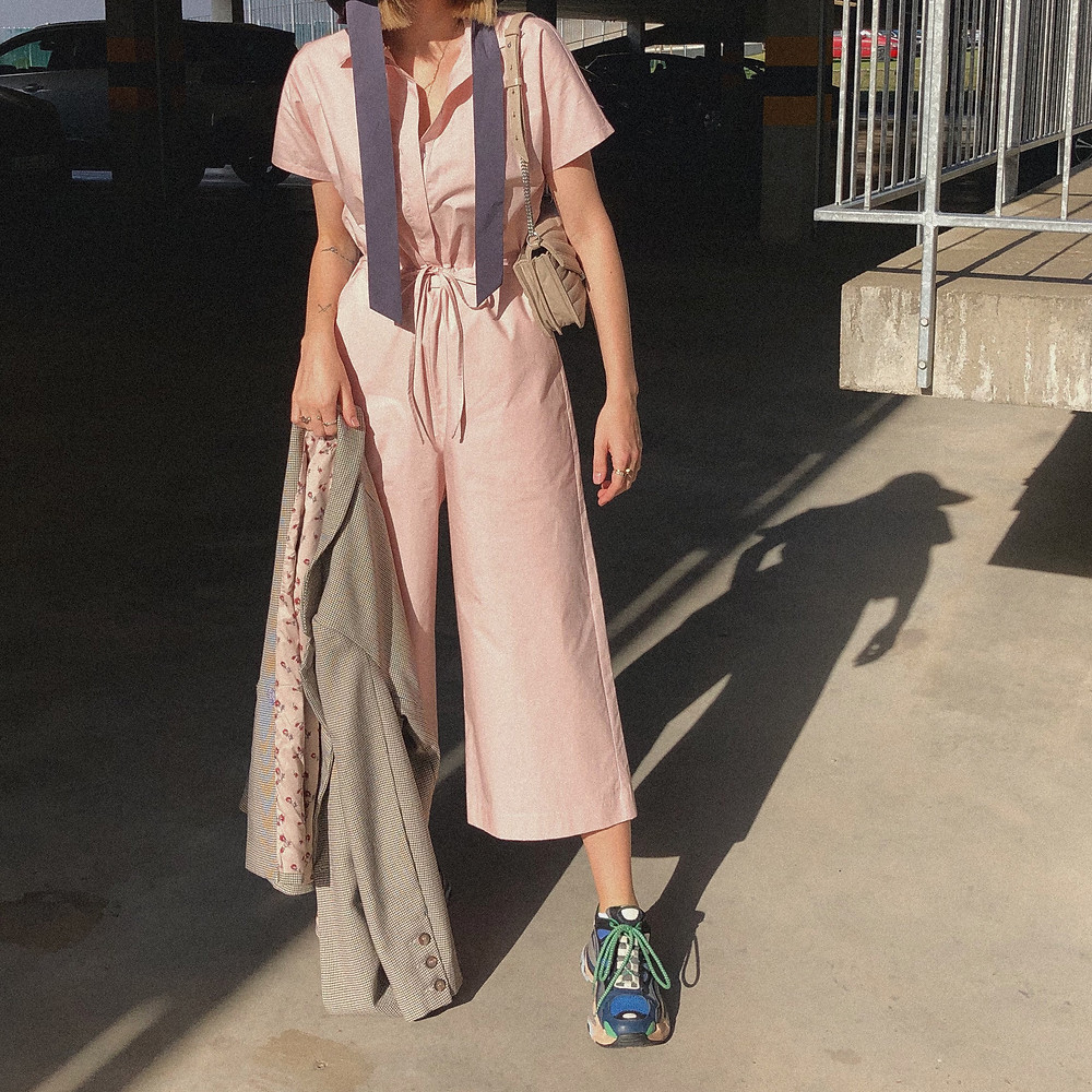 EMILIJA VISKONTAITE - stylist of STILIUSOS and social media editor of L'OFFICIEL LITHUANIA is sharing her two different outfit ideas with the same PINK JUMPSUIT from Dear Freedom 'ECO-RESPONSIBLE' collection