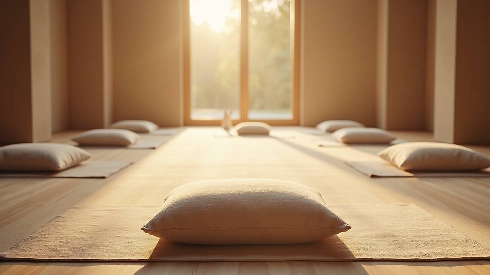 Eye-level view of a peaceful meditation space with cushions and soft lighting