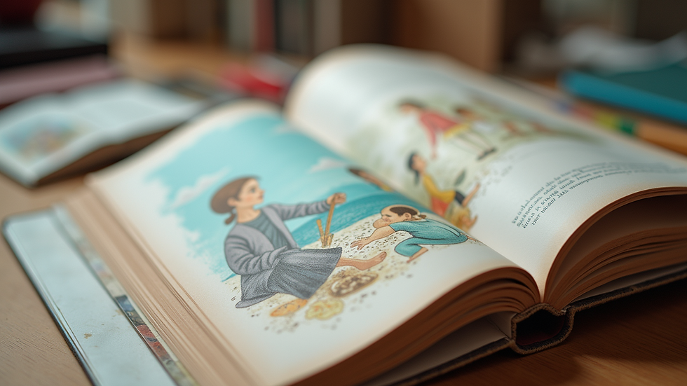 Close-up view of an open creative arts book with colourful illustrations