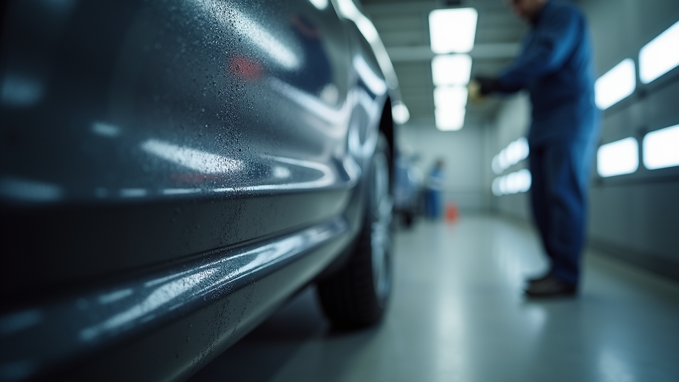 Eye-level view of a technician polishing a car door during paint correction