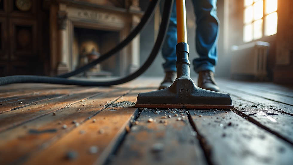 Close-up view of restoration equipment drying a fire-damaged wooden floor