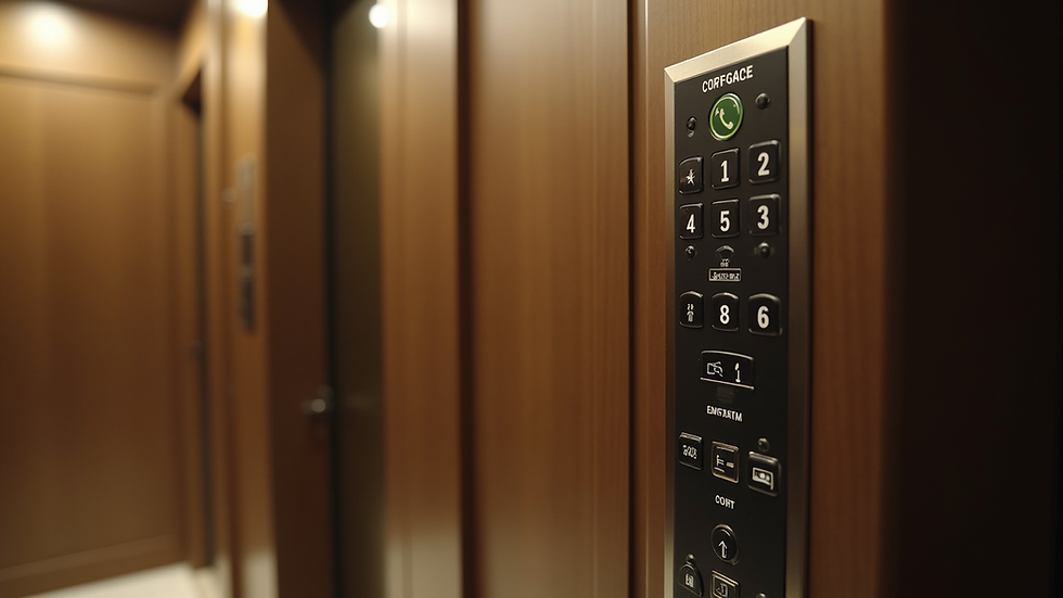 Close-up view of a residential elevator control panel with buttons and emergency features