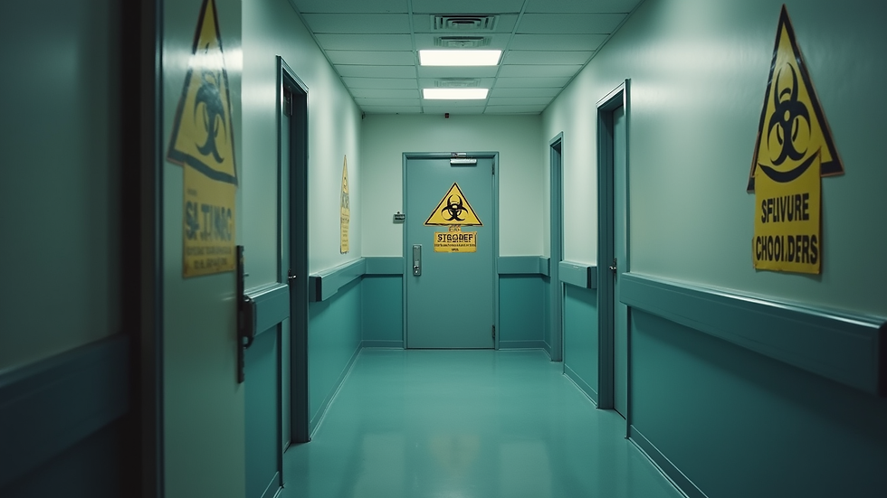 Eye-level view of a sealed off room with biohazard warning signs on the door