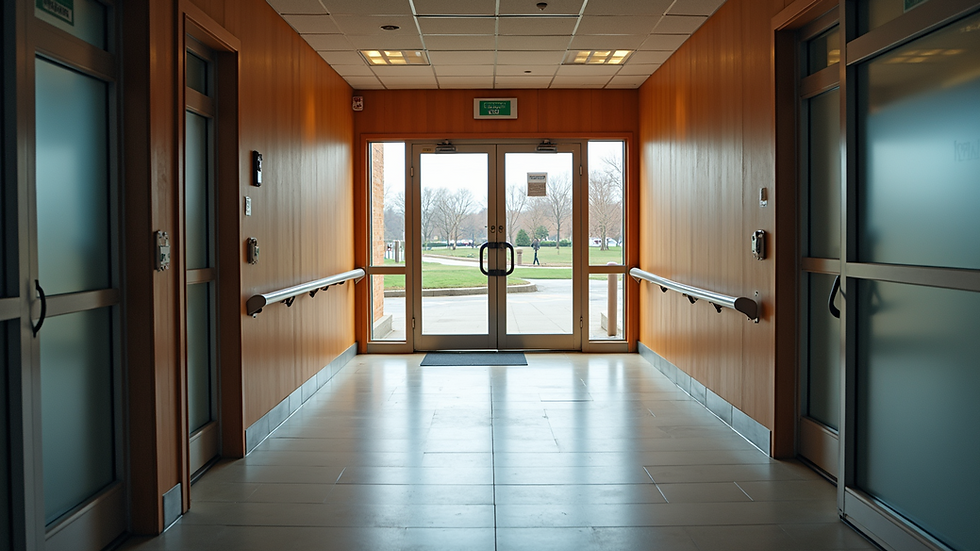 High angle view of a spacious, accessible business entrance with a ramp and automatic door
