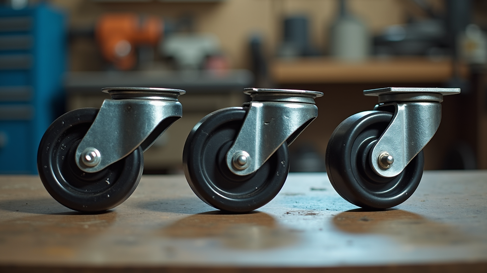 Eye-level view of three different caster wheels lined up on a workbench