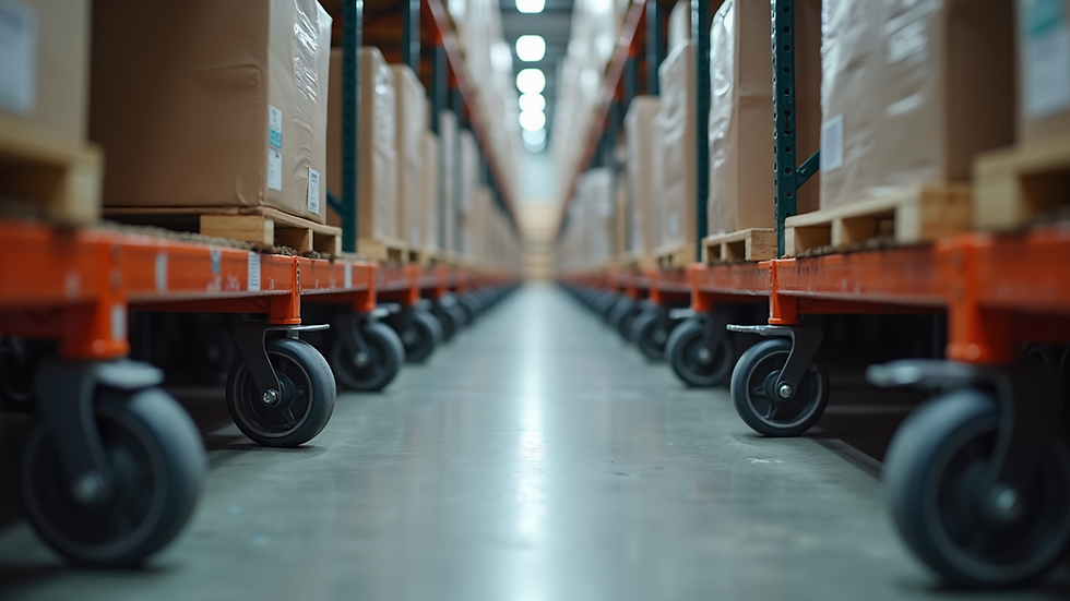 Eye-level view of a warehouse aisle with shelves stocked with caster wheels