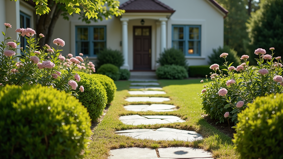 High angle view of a front yard with a mix of shrubs, flowers, and a stone pathway