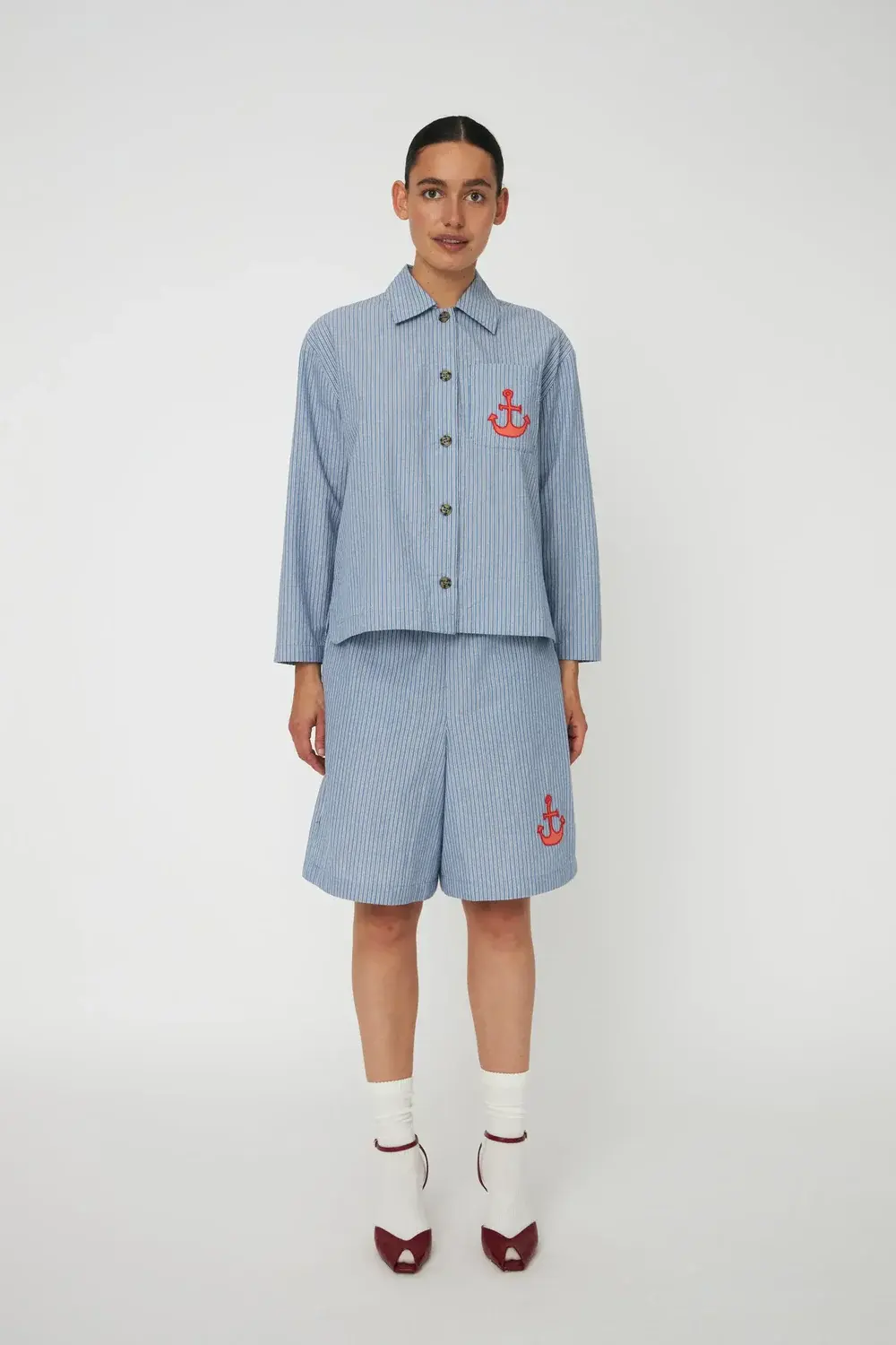 Striped Anchor Embroidered Shirt - Blue Stripes