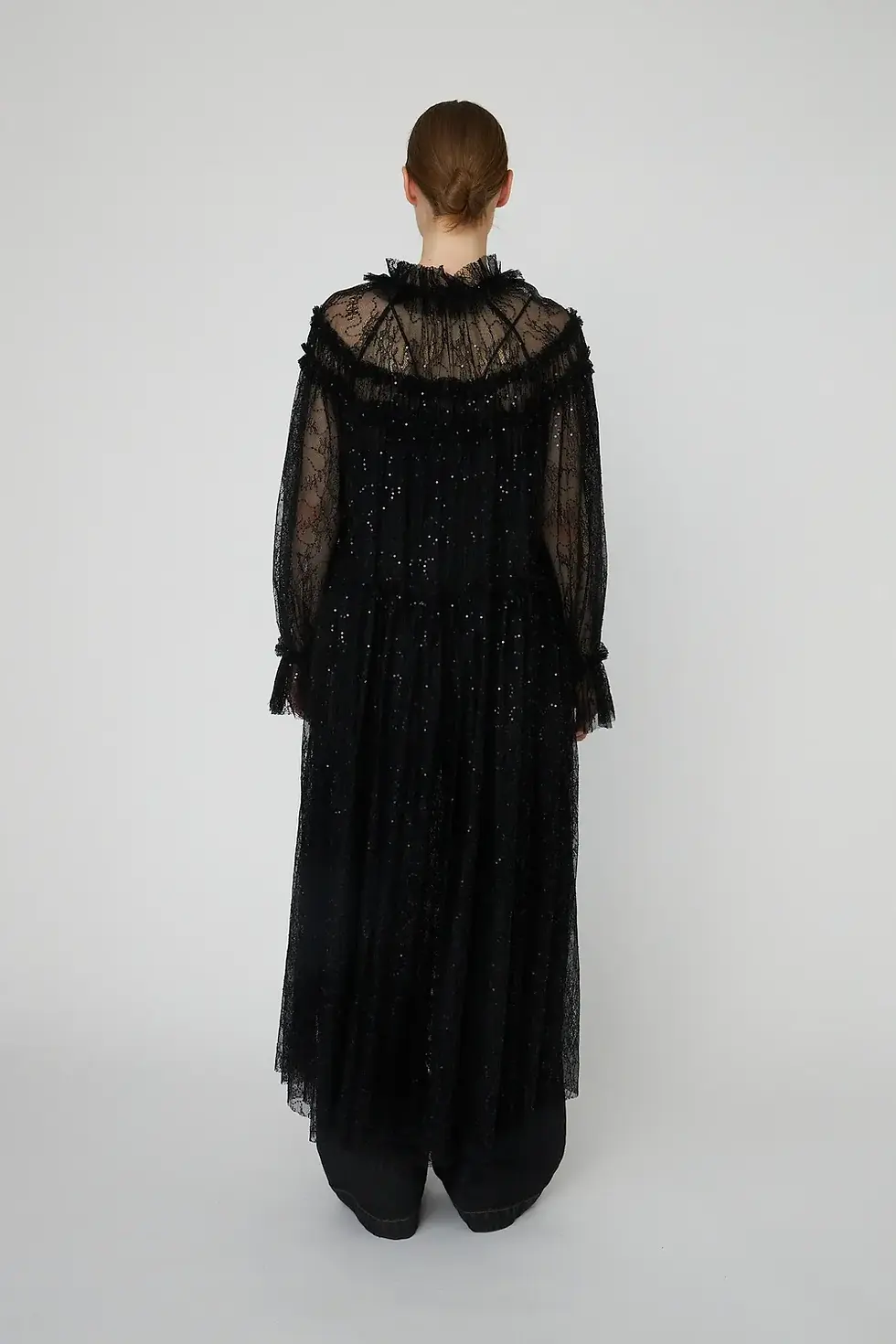 Thumbnail: Sheer Lace Maxi Cape Dress - Black