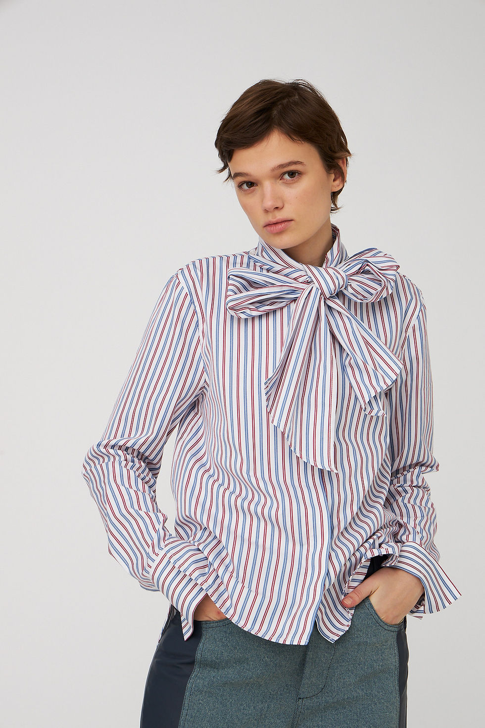 Striped Bow Shirt in Cotton - Red & Blue Stripes