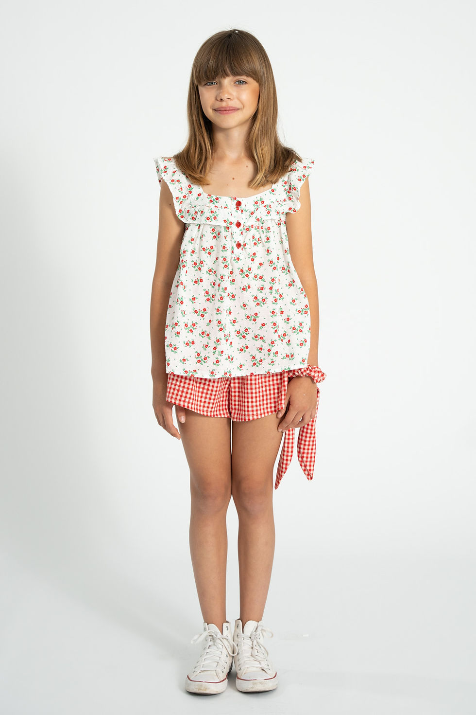 Thumbnail: Sleeveless blouse | ecru- red flowers allover