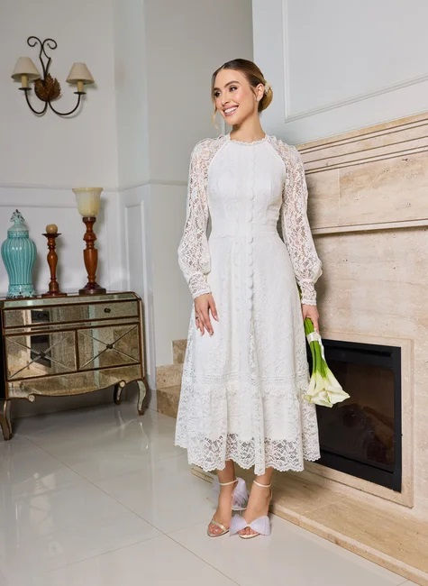 Miniatura: Vestido Midi em Renda e Guipir com Manga Longa