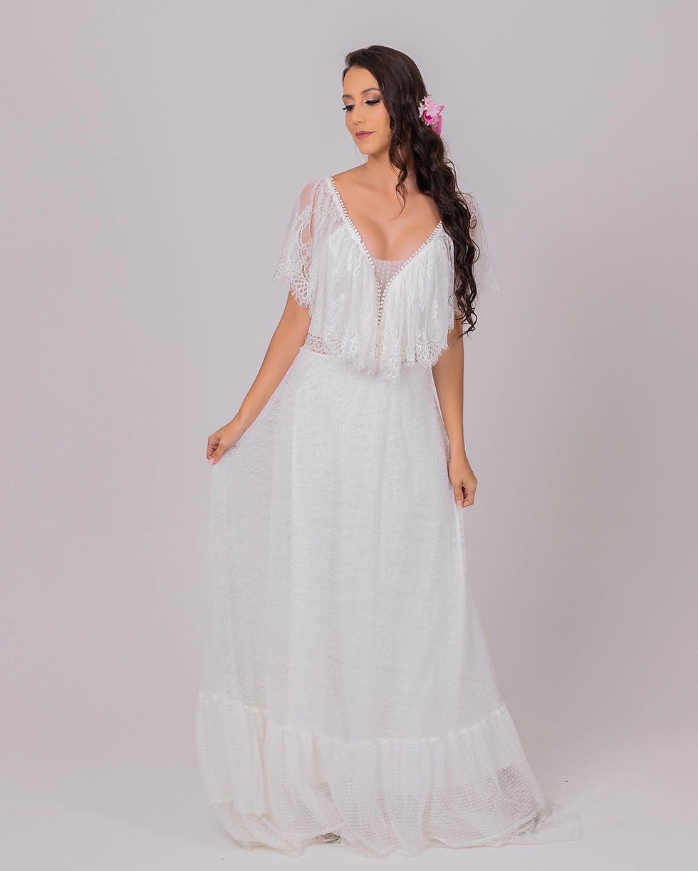 Miniatura: Vestido Longo com Decote em V, Tule Poá e Renda Francesa