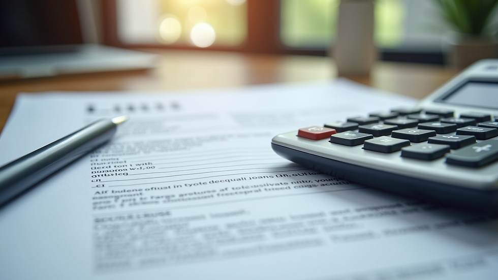 Close-up view of a calculator and loan documents on a desk