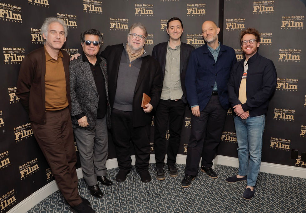 Ronald Bronstein, Jafar Panahi, Guillermo del Toro, Will Tracy, Eskil Vogt and Clint Bentley attend the Writers Panel.(Photo by Tibrina Hobson/Getty Images for Santa Barbara International Film Festival)