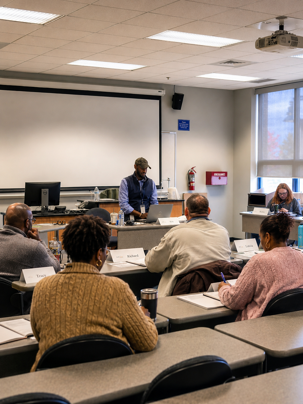 Eric L. Metcalf speaking to a group about mental health and peer support