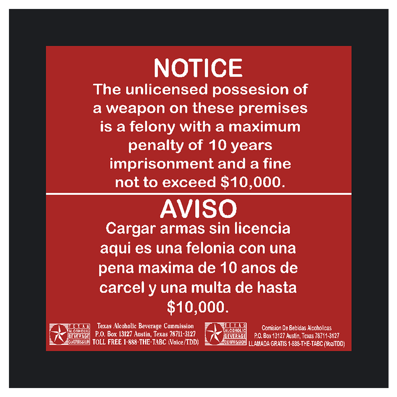 TABC English & Spanish Combo Weapons Sign