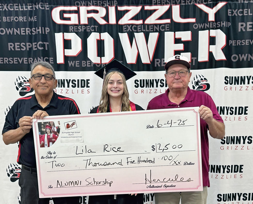 Lila Rice recently received a $2,500 scholarship check from Alumni Fund Board Members Pete Marquez and Karst Brandsma at SHS!