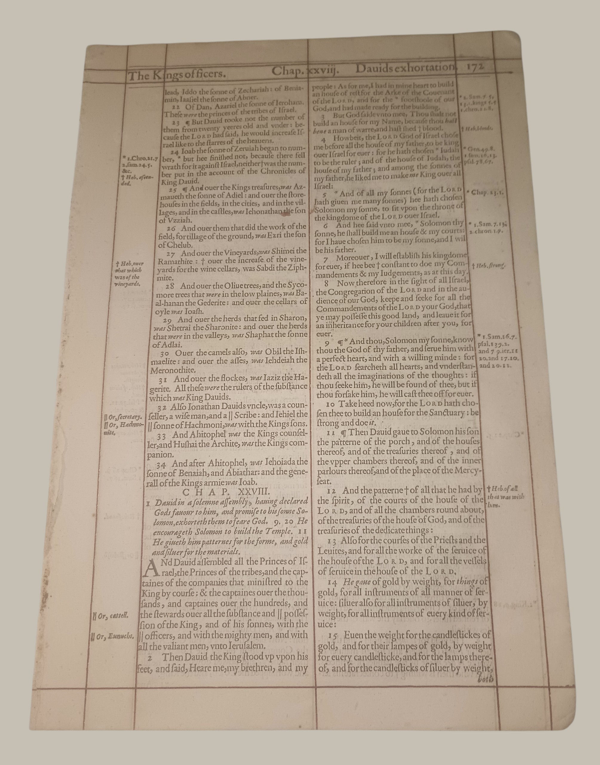 1616 King James Bible Leaf — 1 Chronicles 27–29, Ruled in Red