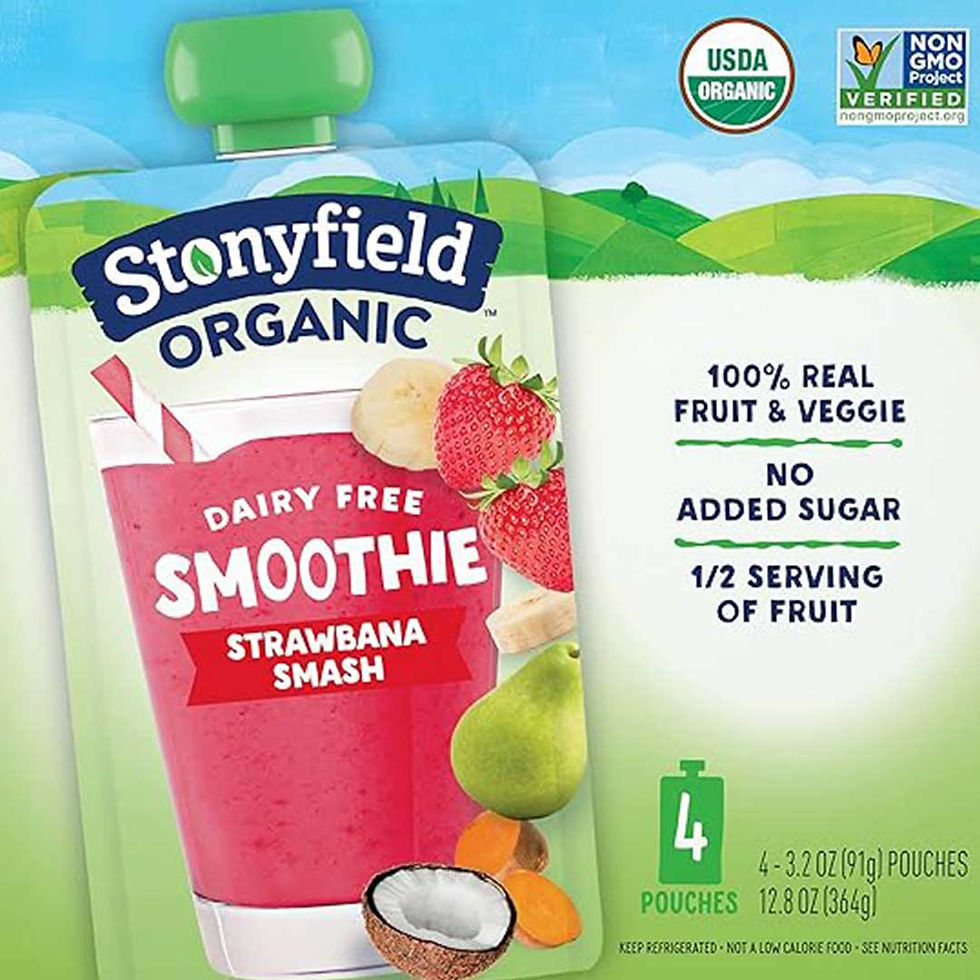 Stonyfield Organic Dairy Free Smoothie, Strawbana Smash, 100% Real Fruit & Veggie, No Added Sugar, 1/2 Serving of Fruit, USDA Organic, Non GMO Project Verified