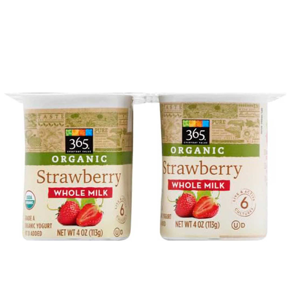 Two 365 Everyday Value Organic Strawberry Whole Milk yogurt cups, 4 oz each