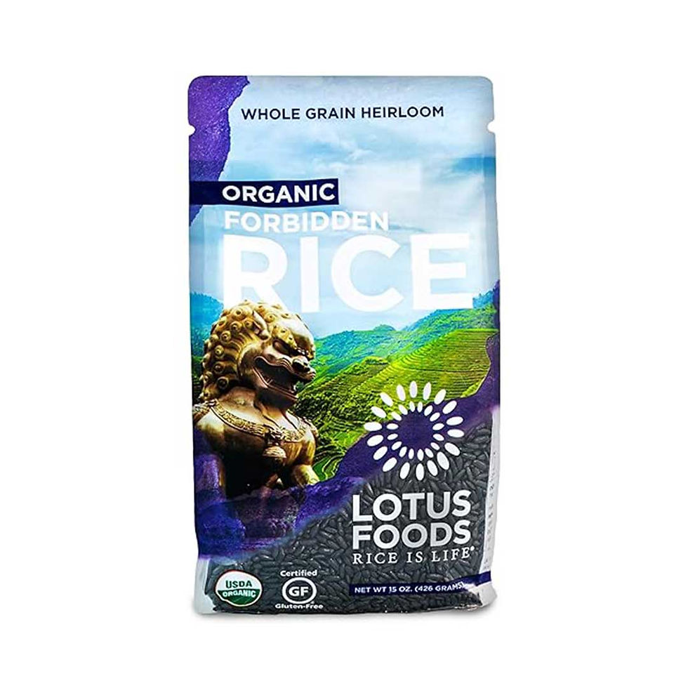 Lotus Foods Organic Forbidden Rice, whole grain heirloom, 15 ounce, with a Chinese lion statue on a mountainside, USDA Certified Organic and Gluten Free