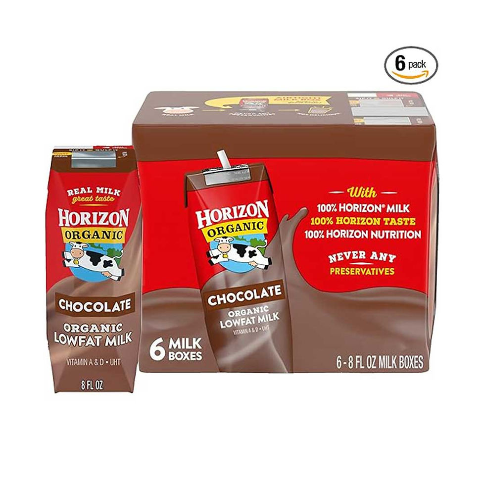 6-pack of Horizon Organic Chocolate Lowfat Milk boxes, 8 fl oz each, with a cow illustration, never any preservatives