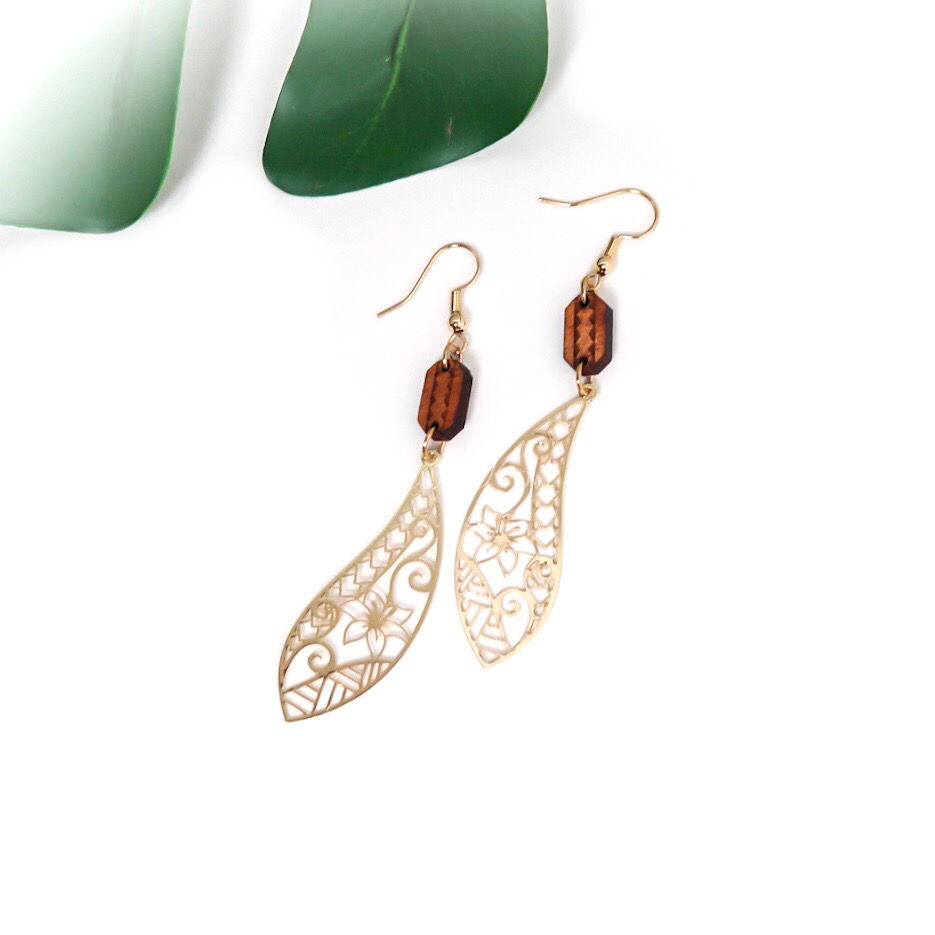 Tribal Leaf with Koa Earrings
