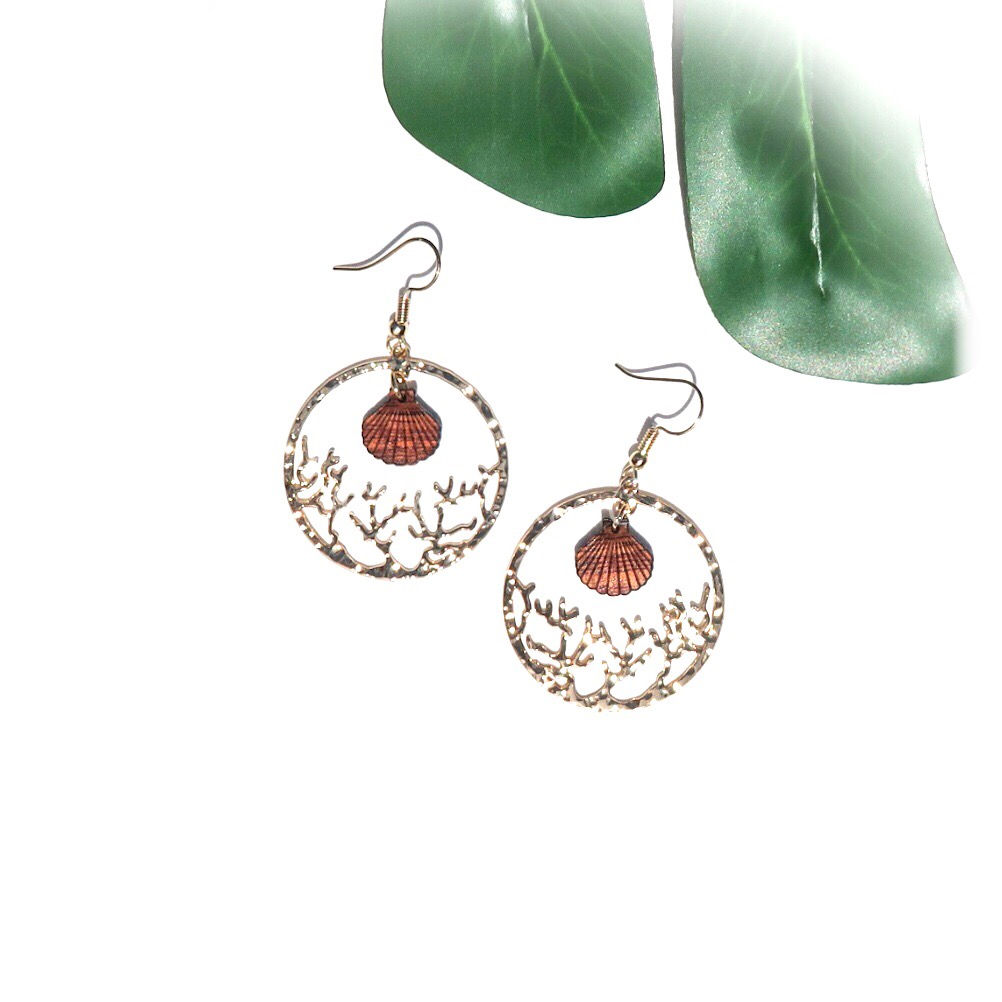 Coral with Koa Seashell Charm Earrings