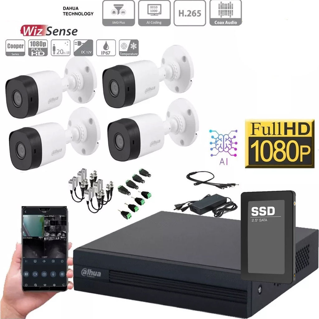 Kit 4 Camaras Dahua y Grabador disco duro y mat Inst.