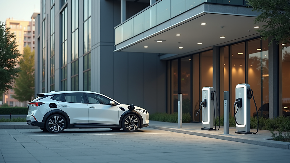Eye-level view of a modern electric vehicle charging station outside a commercial building